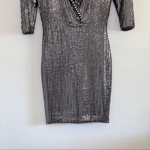 Nadine Merabi Katia Sequin Studded Plunging Mini Dress Silver Black Small - Picture 8 of 16